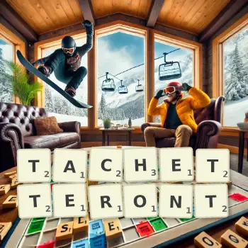 Illustration créative d'un jeu de lettres avec le mot TACHETTERONT épelé sur le plateau.