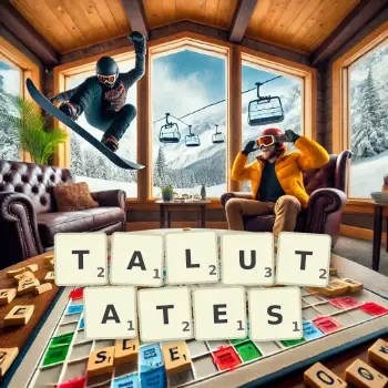 Illustration créative d'un jeu de lettres avec le mot TALUTATES épelé sur le plateau.