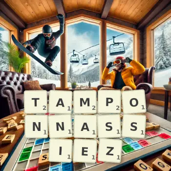 Illustration créative d'un jeu de lettres avec le mot TAMPONNASSIEZ épelé sur le plateau.