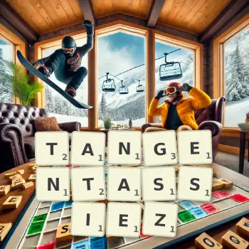 Illustration créative d'un jeu de lettres avec le mot TANGENTASSIEZ épelé sur le plateau.