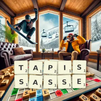 Illustration créative d'un jeu de lettres avec le mot TAPISSASSE épelé sur le plateau.