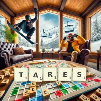 Illustration créative d'un jeu de lettres avec le mot TARES épelé sur le plateau.