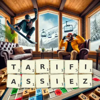 Illustration créative d'un jeu de lettres avec le mot TARIFIASSIEZ épelé sur le plateau.