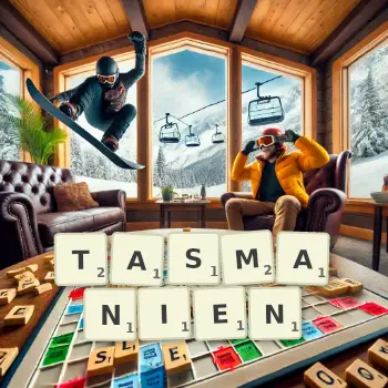 Illustration créative d'un jeu de lettres avec le mot TASMANIEN épelé sur le plateau.