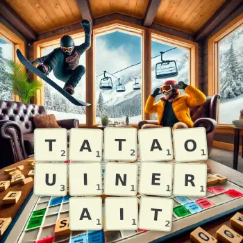Illustration créative d'un jeu de lettres avec le mot TATAOUINERAIT épelé sur le plateau.