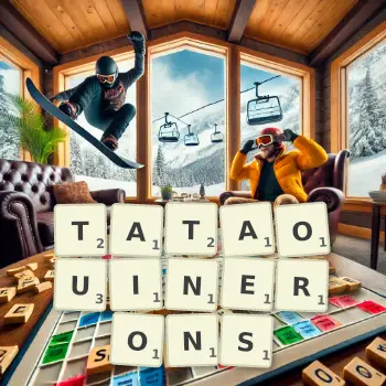 Illustration créative d'un jeu de lettres avec le mot TATAOUINERONS épelé sur le plateau.
