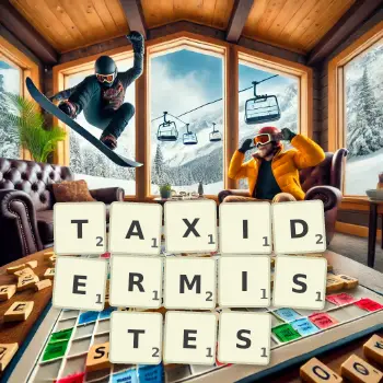 Illustration créative d'un jeu de lettres avec le mot TAXIDERMISTES épelé sur le plateau.