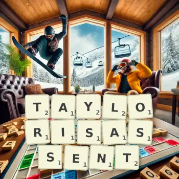 Illustration créative d'un jeu de lettres avec le mot TAYLORISASSENT épelé sur le plateau.