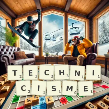 Illustration créative d'un jeu de lettres avec le mot TECHNICISME épelé sur le plateau.