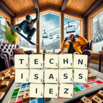Illustration créative d'un jeu de lettres avec le mot TECHNISASSIEZ épelé sur le plateau.