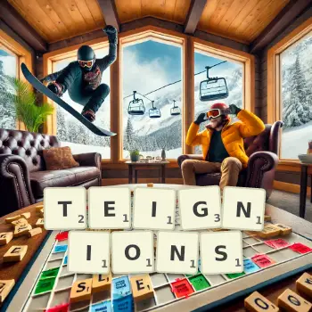 Illustration créative d'un jeu de lettres avec le mot TEIGNIONS épelé sur le plateau.