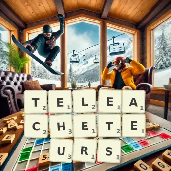 Illustration créative d'un jeu de lettres avec le mot TELEACHETEURS épelé sur le plateau.