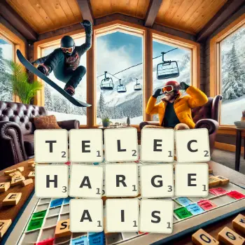 Illustration créative d'un jeu de lettres avec le mot TELECHARGEAIS épelé sur le plateau.