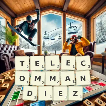 Illustration créative d'un jeu de lettres avec le mot TELECOMMANDIEZ épelé sur le plateau.
