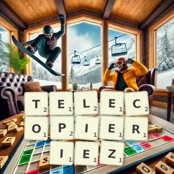 Illustration créative d'un jeu de lettres avec le mot TELECOPIERIEZ épelé sur le plateau.