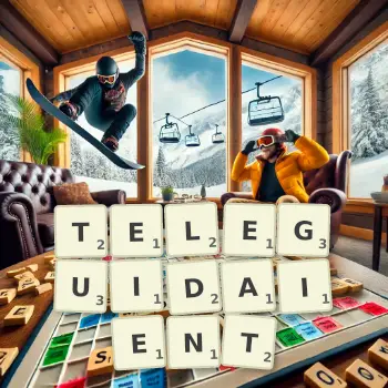 Illustration créative d'un jeu de lettres avec le mot TELEGUIDAIENT épelé sur le plateau.