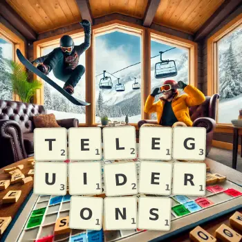 Illustration créative d'un jeu de lettres avec le mot TELEGUIDERONS épelé sur le plateau.