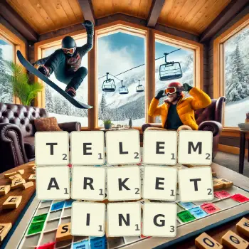 Illustration créative d'un jeu de lettres avec le mot TELEMARKETING épelé sur le plateau.
