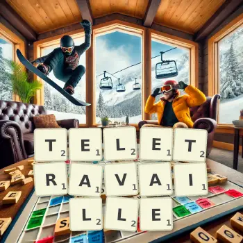 Illustration créative d'un jeu de lettres avec le mot TELETRAVAILLE épelé sur le plateau.
