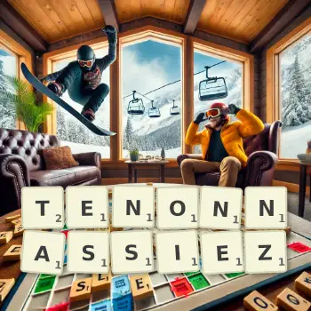 Illustration créative d'un jeu de lettres avec le mot TENONNASSIEZ épelé sur le plateau.