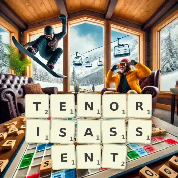 Illustration créative d'un jeu de lettres avec le mot TENORISASSENT épelé sur le plateau.