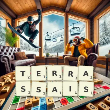 Illustration créative d'un jeu de lettres avec le mot TERRASSAIS épelé sur le plateau.