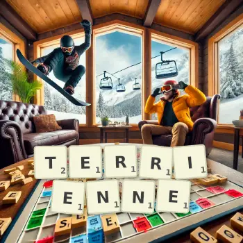 Illustration créative d'un jeu de lettres avec le mot TERRIENNE épelé sur le plateau.