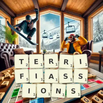 Illustration créative d'un jeu de lettres avec le mot TERRIFIASSIONS épelé sur le plateau.