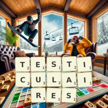 Illustration créative d'un jeu de lettres avec le mot TESTICULAIRES épelé sur le plateau.