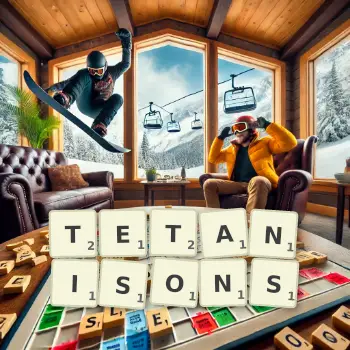 Illustration créative d'un jeu de lettres avec le mot TETANISONS épelé sur le plateau.