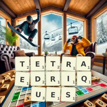 Illustration créative d'un jeu de lettres avec le mot TETRAEDRIQUES épelé sur le plateau.
