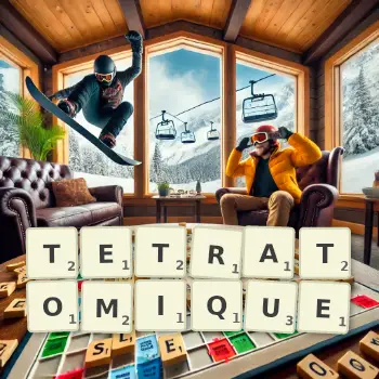 Illustration créative d'un jeu de lettres avec le mot TETRATOMIQUE épelé sur le plateau.