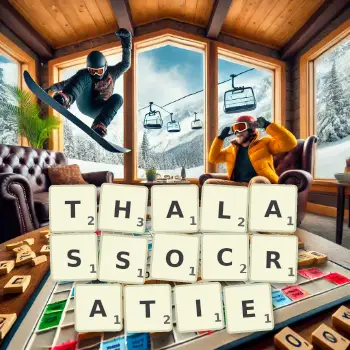 Illustration créative d'un jeu de lettres avec le mot THALASSOCRATIE épelé sur le plateau.