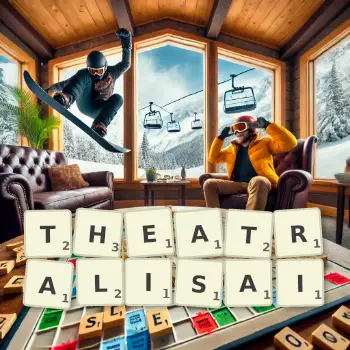Illustration créative d'un jeu de lettres avec le mot THEATRALISAI épelé sur le plateau.
