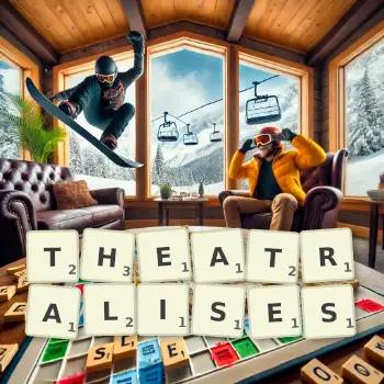 Illustration créative d'un jeu de lettres avec le mot THEATRALISES épelé sur le plateau.