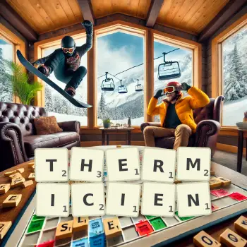 Illustration créative d'un jeu de lettres avec le mot THERMICIEN épelé sur le plateau.