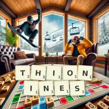 Illustration créative d'un jeu de lettres avec le mot THIONINES épelé sur le plateau.
