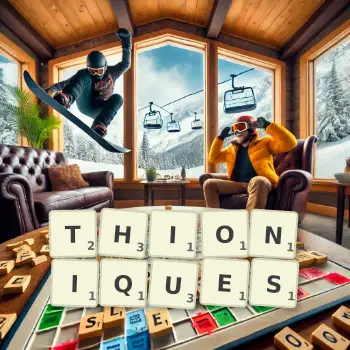 Illustration créative d'un jeu de lettres avec le mot THIONIQUES épelé sur le plateau.