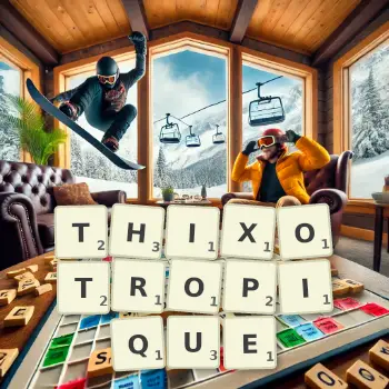 Illustration créative d'un jeu de lettres avec le mot THIXOTROPIQUE épelé sur le plateau.