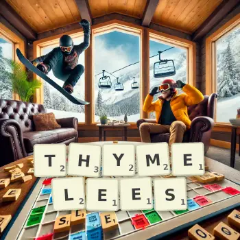 Illustration créative d'un jeu de lettres avec le mot THYMELEES épelé sur le plateau.