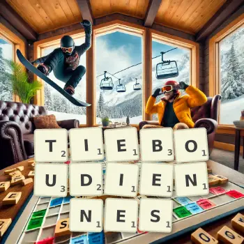 Illustration créative d'un jeu de lettres avec le mot TIEBOUDIENNES épelé sur le plateau.