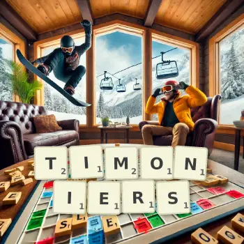 Illustration créative d'un jeu de lettres avec le mot TIMONIERS épelé sur le plateau.