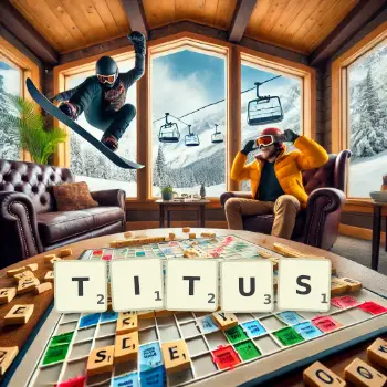 Illustration créative d'un jeu de lettres avec le mot TITUS épelé sur le plateau.