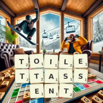 Illustration créative d'un jeu de lettres avec le mot TOILETTASSENT épelé sur le plateau.