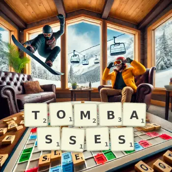 Illustration créative d'un jeu de lettres avec le mot TOMBASSES épelé sur le plateau.