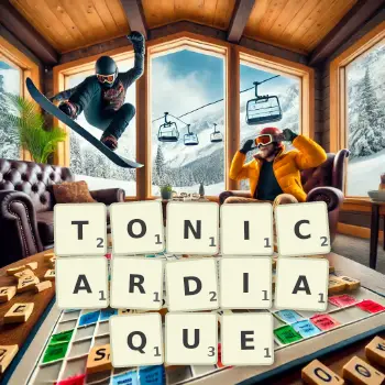 Illustration créative d'un jeu de lettres avec le mot TONICARDIAQUE épelé sur le plateau.