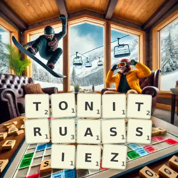 Illustration créative d'un jeu de lettres avec le mot TONITRUASSIEZ épelé sur le plateau.