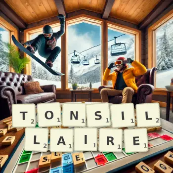 Illustration créative d'un jeu de lettres avec le mot TONSILLAIRE épelé sur le plateau.