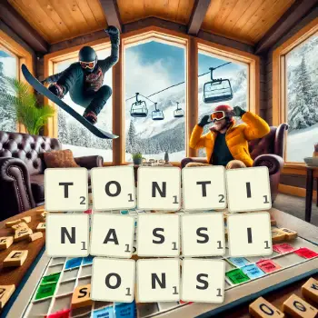 Illustration créative d'un jeu de lettres avec le mot TONTINASSIONS épelé sur le plateau.