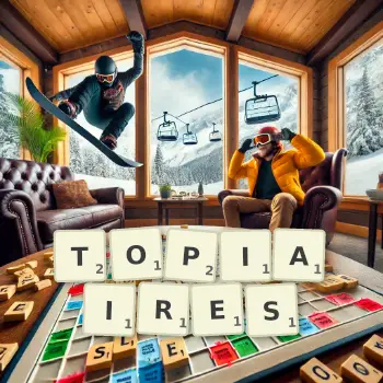 Illustration créative d'un jeu de lettres avec le mot TOPIAIRES épelé sur le plateau.